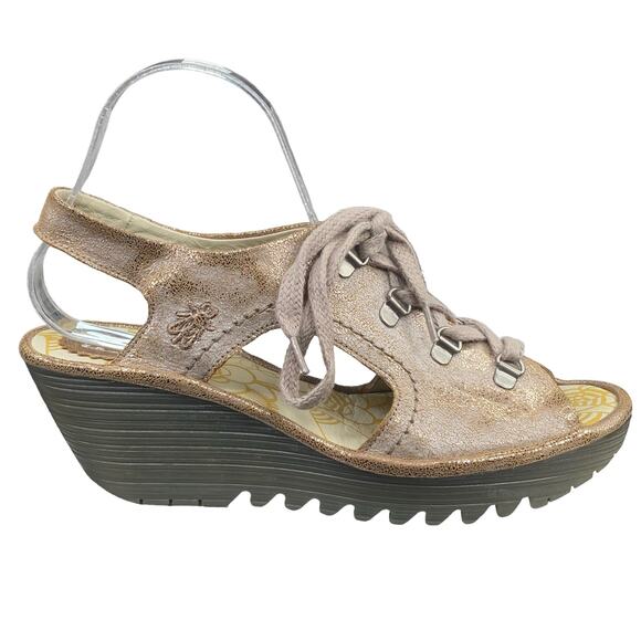 Fly London Women's Yifa Gold Lace Up Wedge Sandal Size 40 US 9/9.5 - Picture 1 of 13